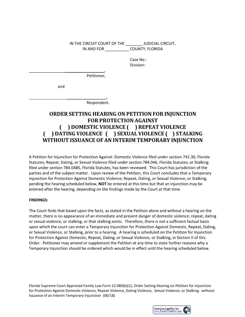 Order Setting Hearing Petition Injunction Protection Against DV Without Issuance Temp Injunction {12.980(b)(1)} | Pdf Fpdf Docx | Florida