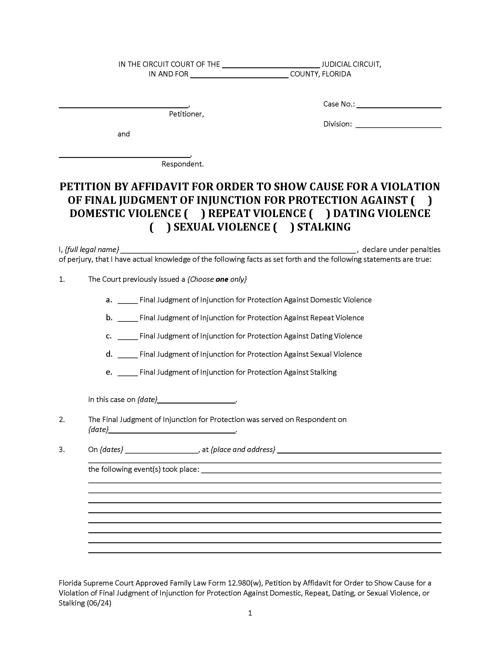 Petition By Affidavit For Order To Show Cause For A Violation {12.980(w)} | Pdf Fpdf Doc Docx | Florida