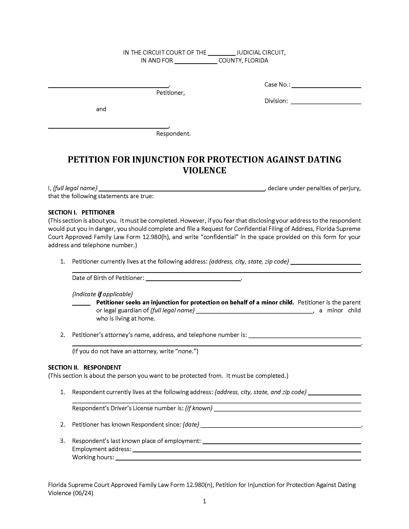 Petition For Injunction For Protection Against Dating Violence {12.980(n)} | Pdf Fpdf Doc Docx | Florida