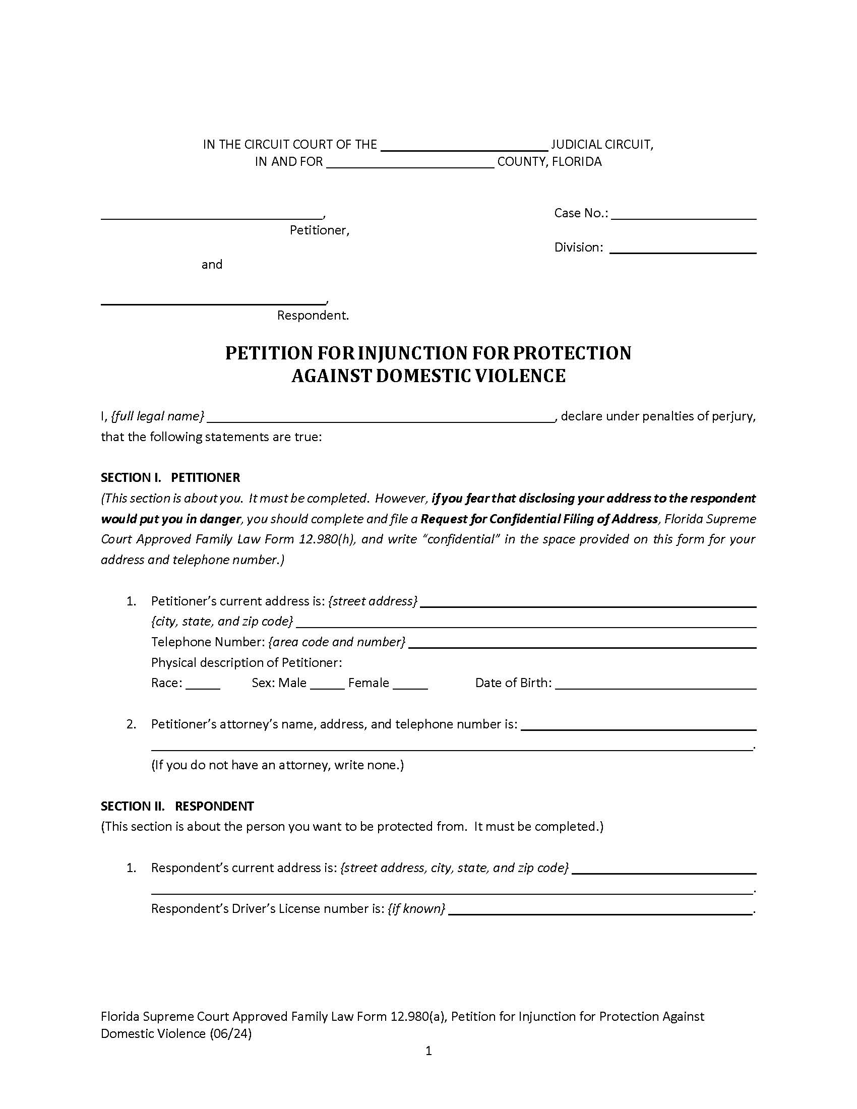 Petition For Injunction For Protection Against Domestic Violence {12.980(a)} | Pdf Fpdf Doc Docx | Florida