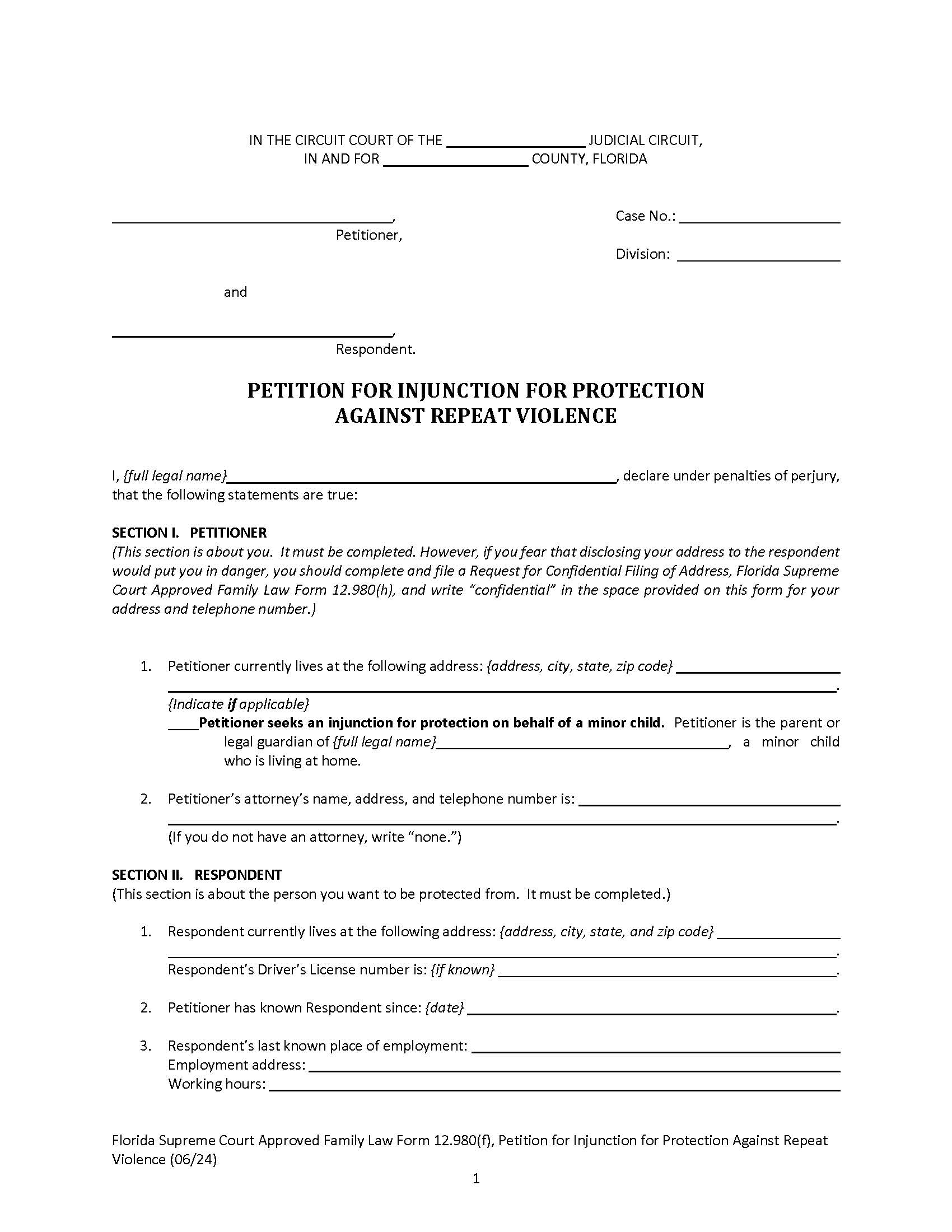 Petition For Injunction For Protection Against Repeat Violence With Instructions {12.980(f)} | Pdf Fpdf Doc Docx | Florida