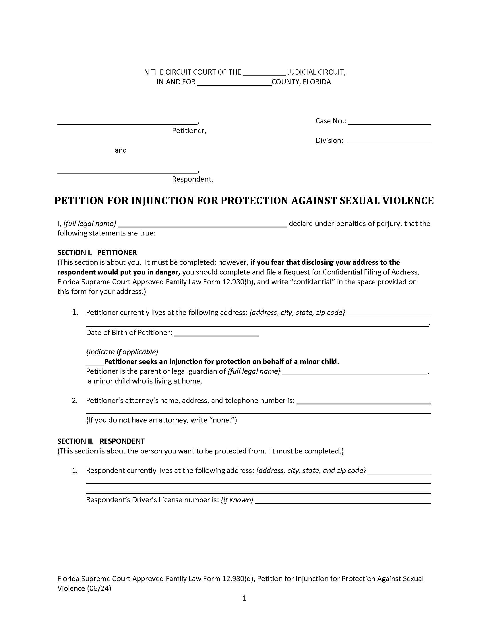 Petition For Injunction For Protection Against Sexual Violence {12.980(q)} | Pdf Fpdf Doc Docx | Florida