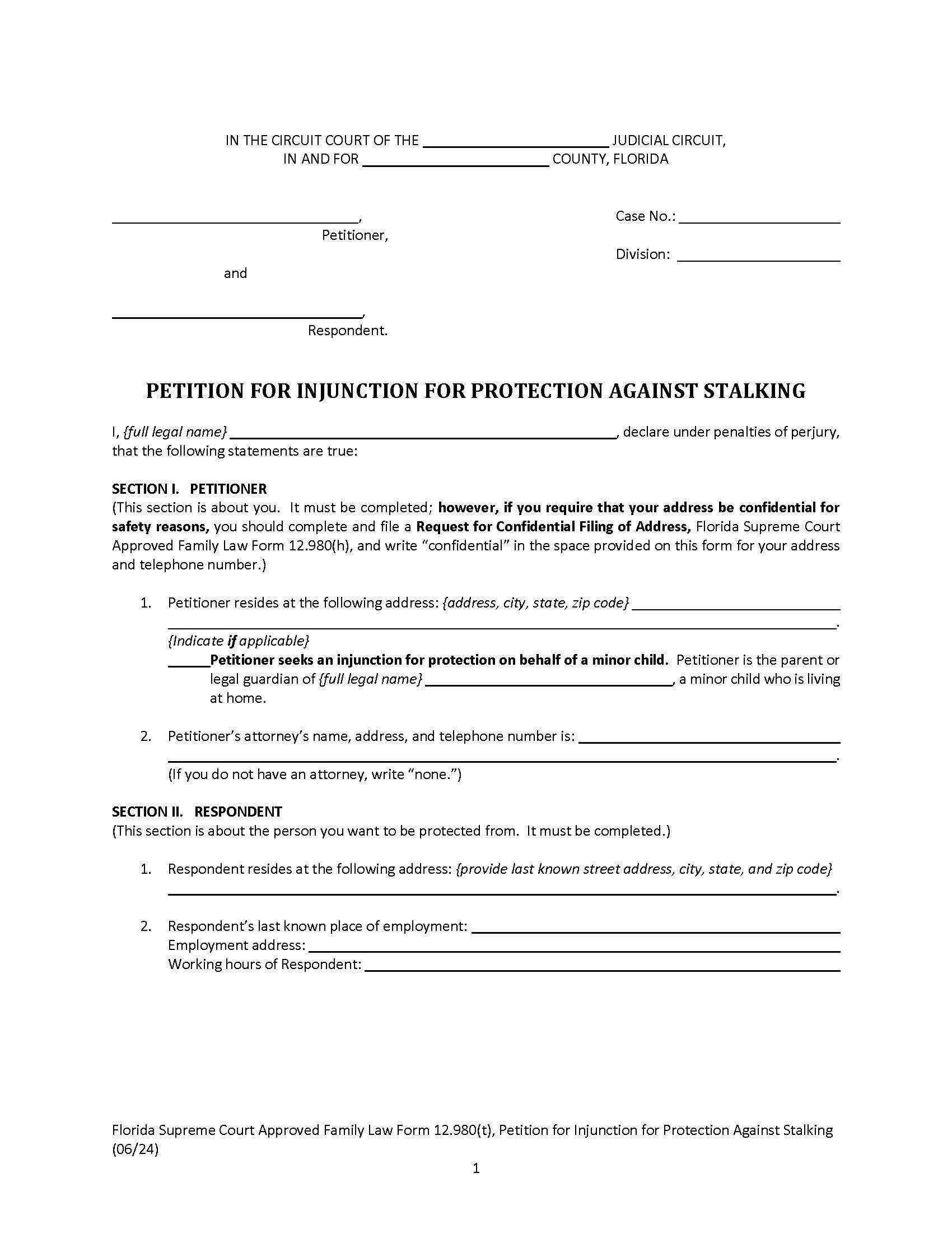 Petition For Injunction For Protection Against Stalking {12.980(t)} | Pdf Fpdf Docx | Florida