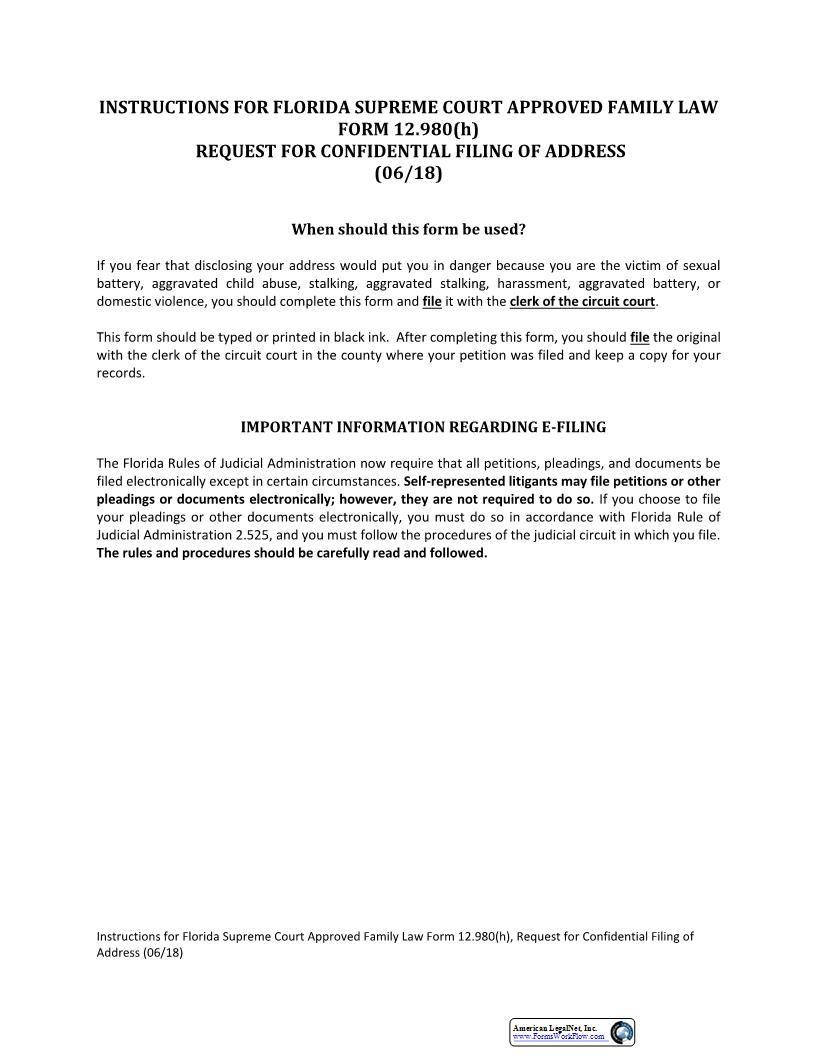 Request For Confidential Filing of Address {12.980(h)} | Pdf Fpdf Docx | Florida