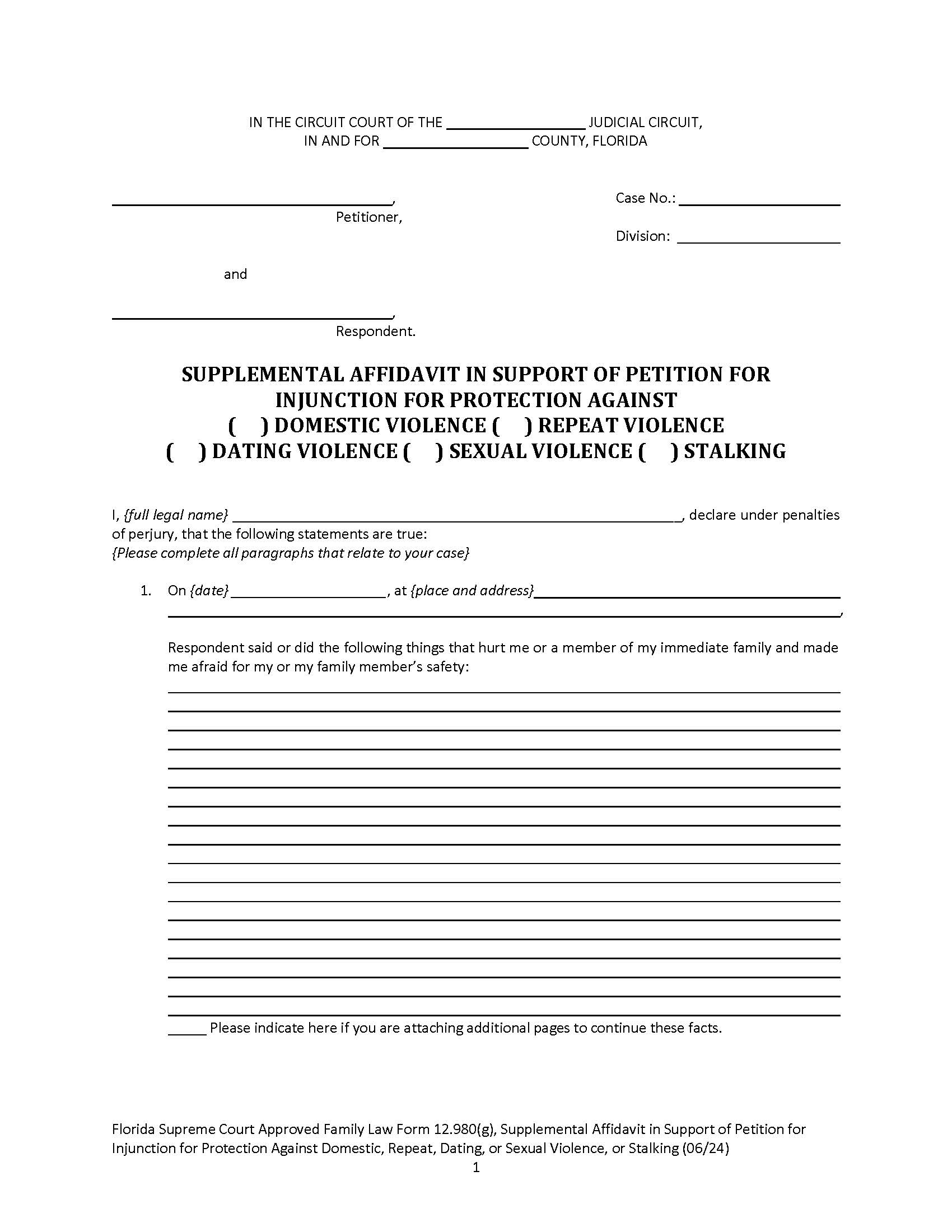 Supplemental Affidavit In Support Of Petition For Injunction {12.980(g)} | Pdf Fpdf Doc Docx | Florida