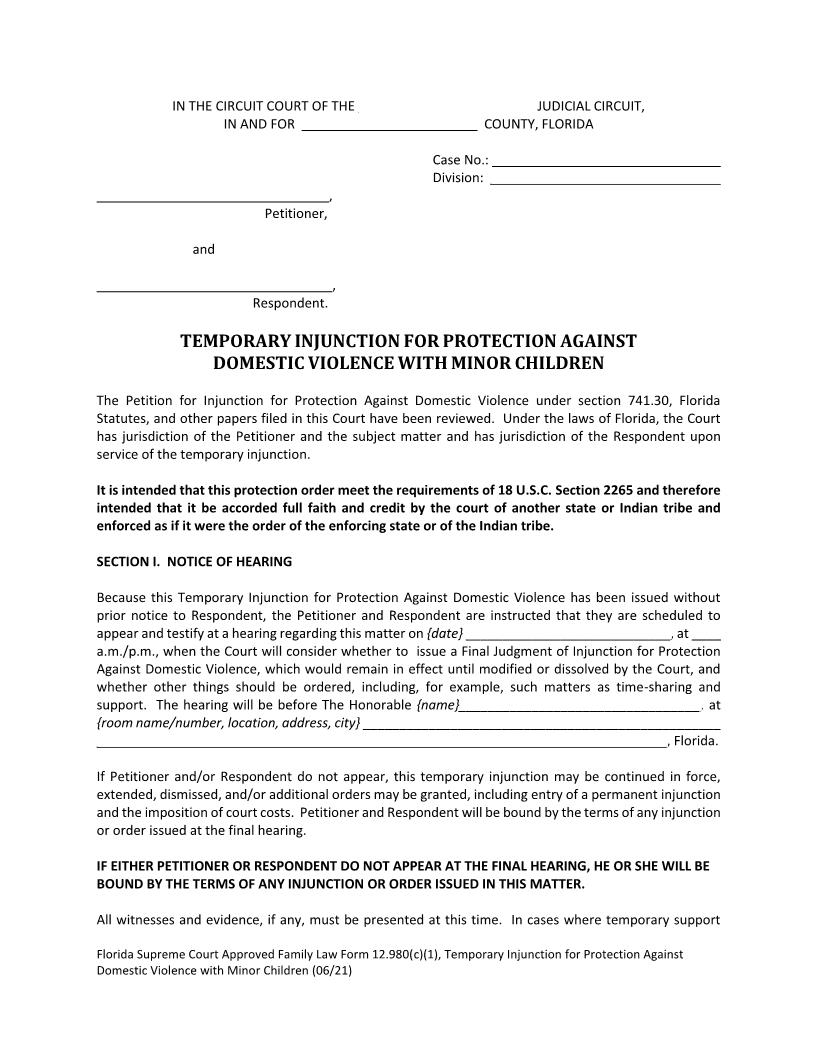 Temporary Injunction For Protection Against Domestic Violence With Minor Children {12.980(c)(1)} | Pdf Fpdf Doc Docx | Florida