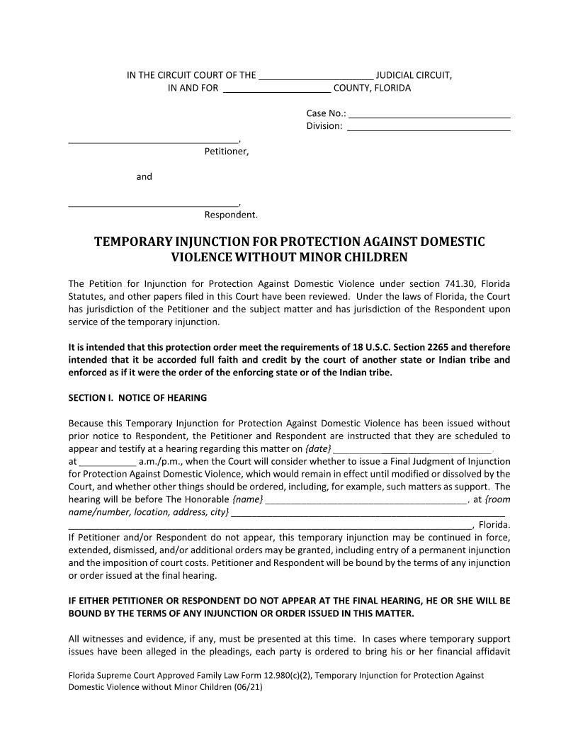 Temporary Injunction For Protection Against Domestic Violence Without Minor Children {12.980(c)(2)} | Pdf Fpdf Doc Docx | Florida