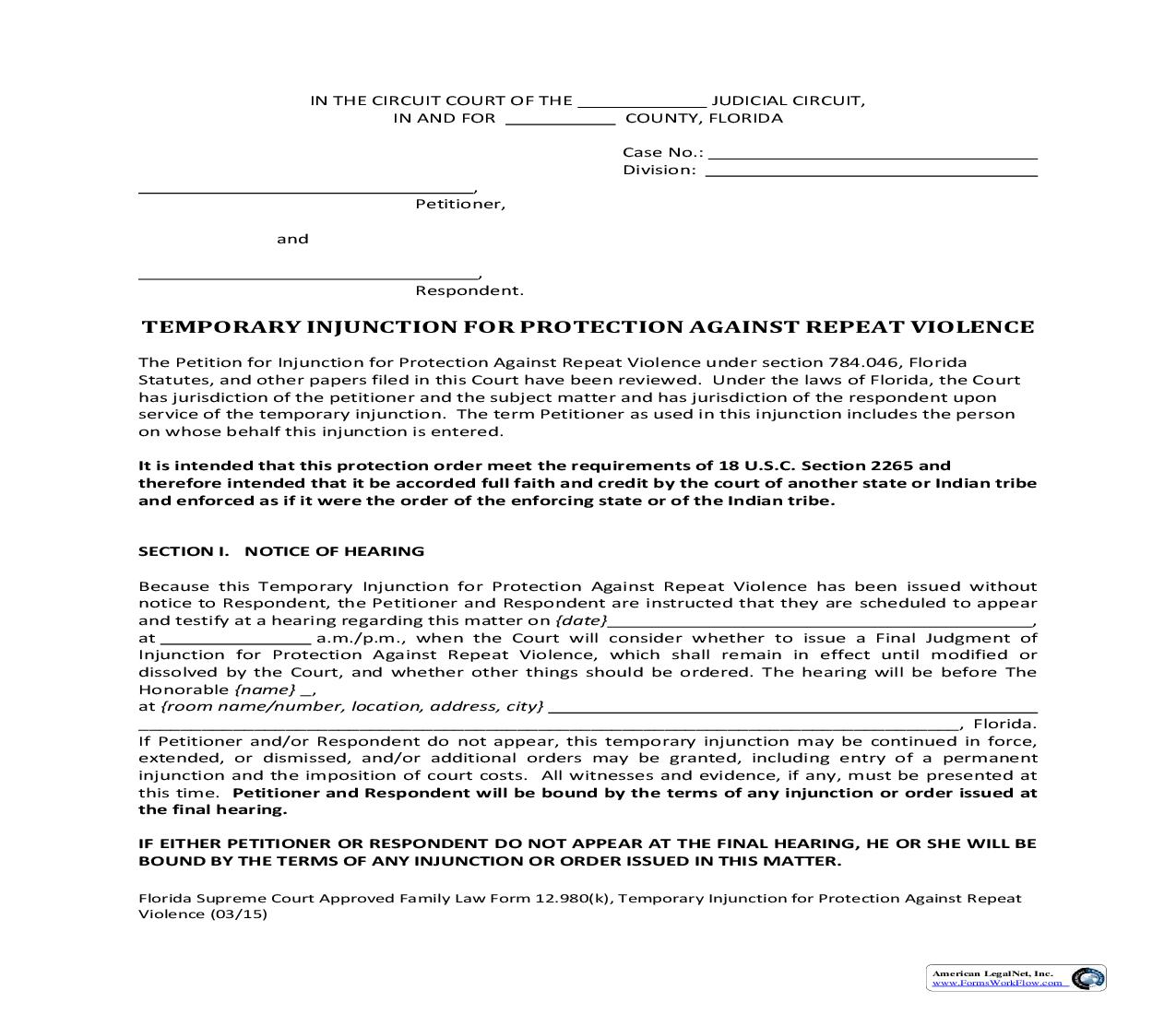 Temporary Injunction For Protection Against Repeat Violence {12.980(k)} | Pdf Fpdf Doc Docx | Florida