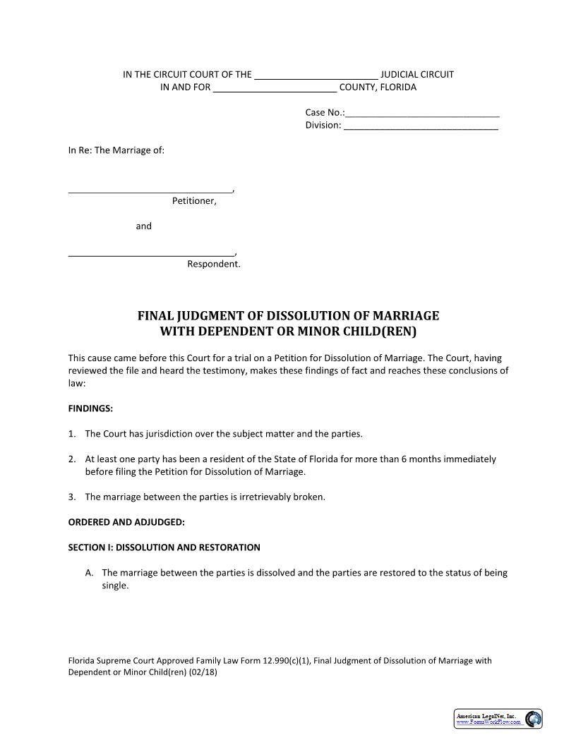 Final Judgment Of Dissolution Of Marriage With Dependent Or Minor Children {12.990(c)(1)} | Pdf Fpdf Docx | Florida