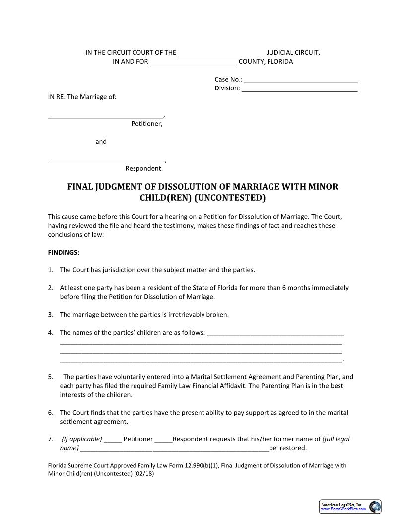 Final Judgment Of Dissolution Of Marriage With Minor Children Uncontested {12.990(b)(1)} | Pdf Fpdf Docx | Florida