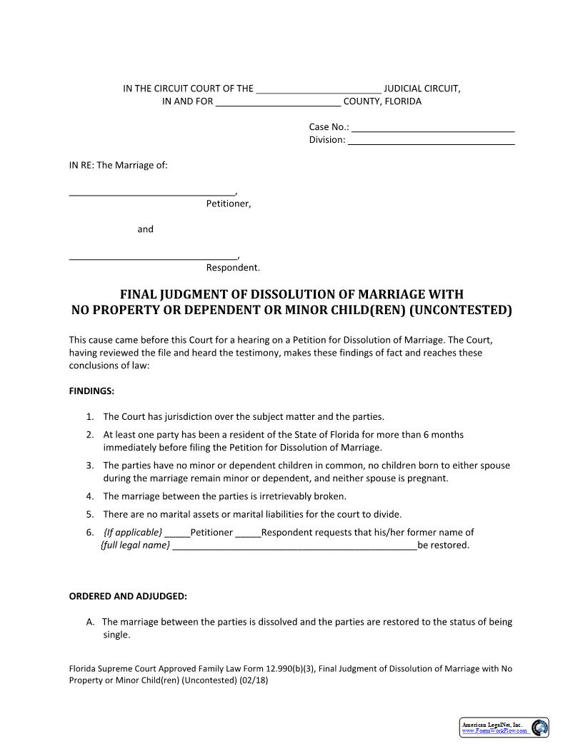Final Judgment Of Dissolution Of Marriage With No Property Or Minor Children Uncontested {12.990(b)(3)} | Pdf Fpdf Docx | Florida
