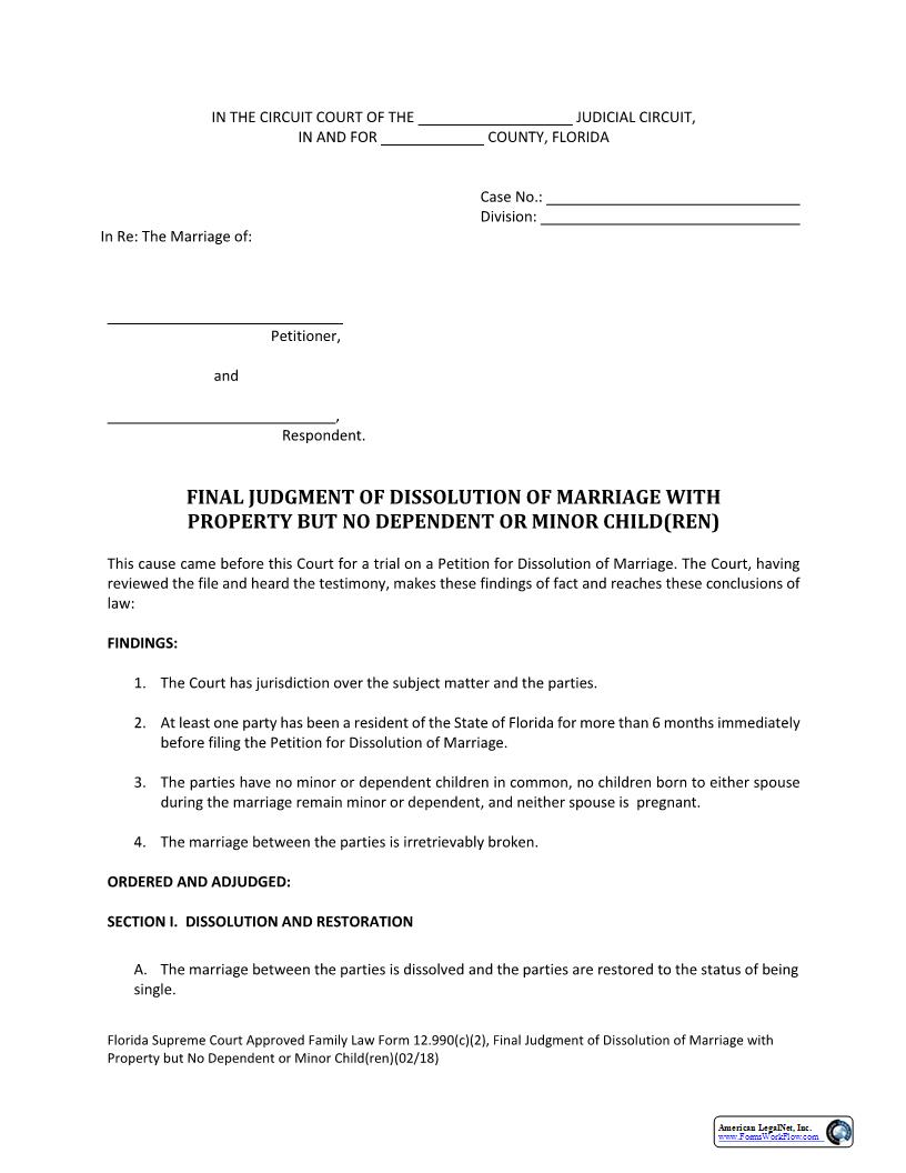 Final Judgment Of Dissolution Of Marriage With Property But No Dependent Or Minor Children {12.990(c)(2)} | Pdf Fpdf Docx | Florida