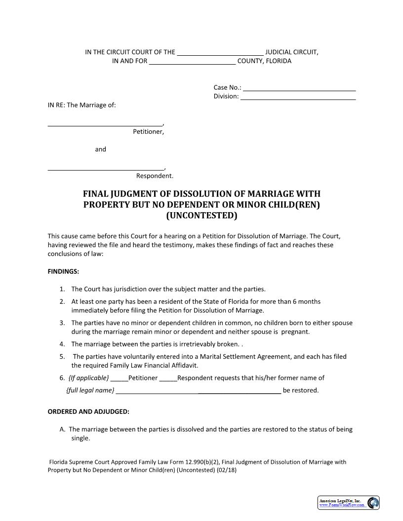 Final Judgment Of Dissolution Of Marriage With Property But No Dependent Or Minor Children Uncontested {12.990(b)(2)} | Pdf Fpdf Docx | Florida