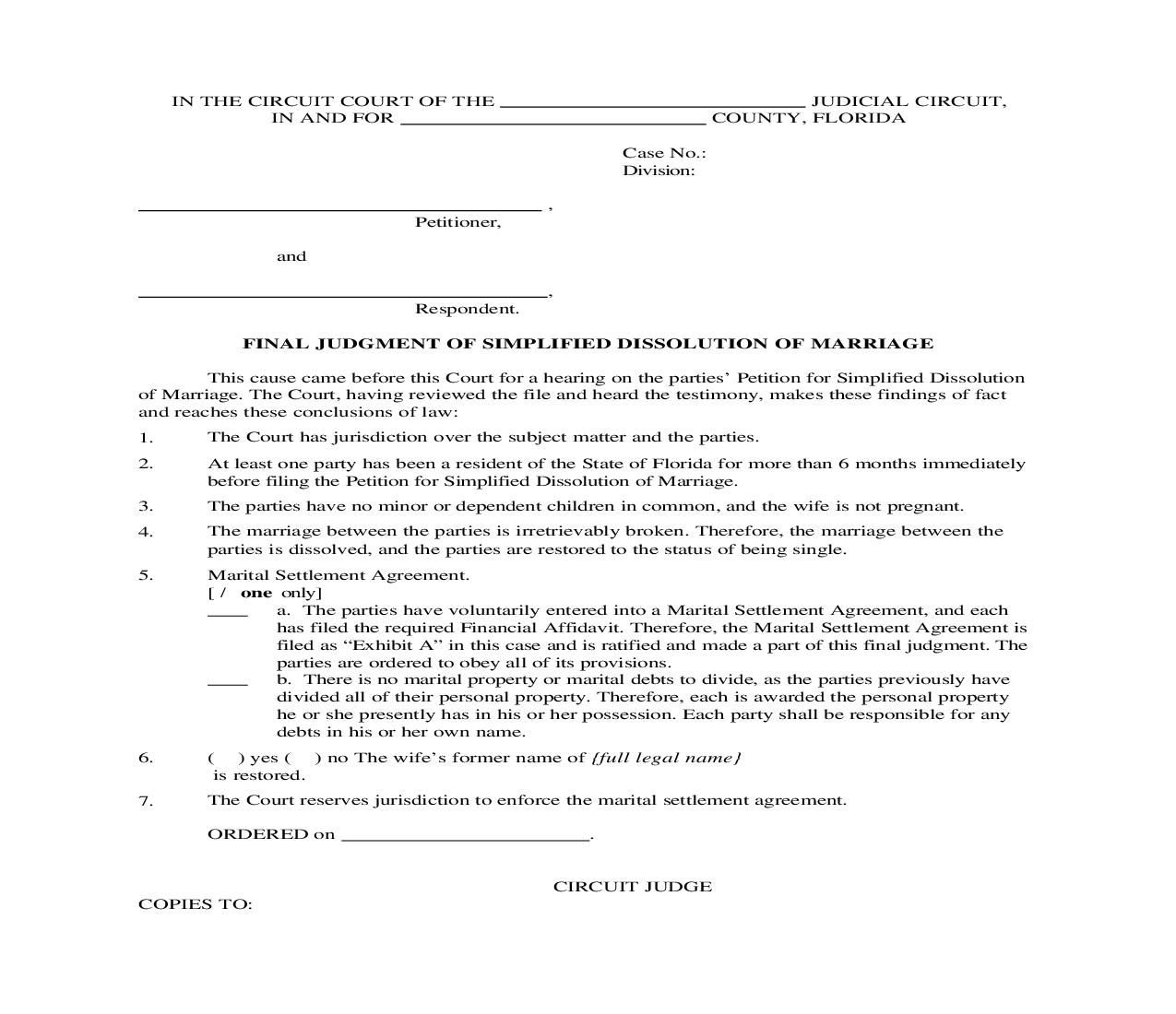 Final Judgment Of Simplified Dissolution Of Marriage {12.990(a)} | Pdf Fpdf Doc Docx | Florida