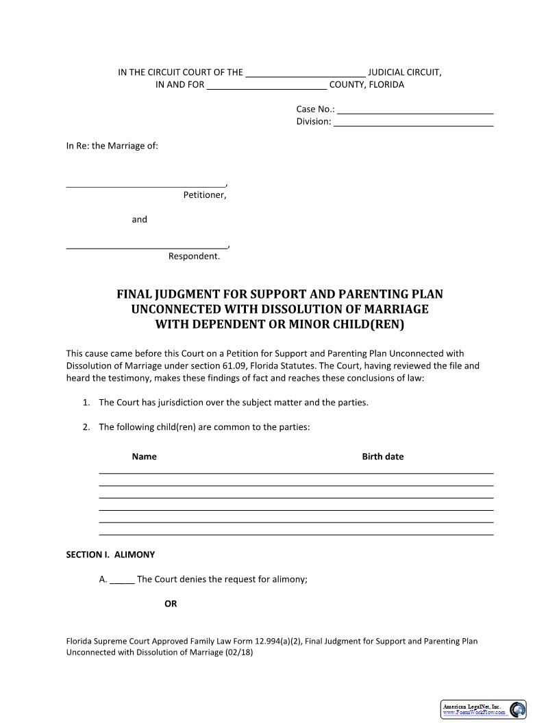 Final Judgment Support Parenting Plan Unconnected Dissolution Dependent Minor Children {12.994(a)(2)} | Pdf Fpdf Docx | Florida