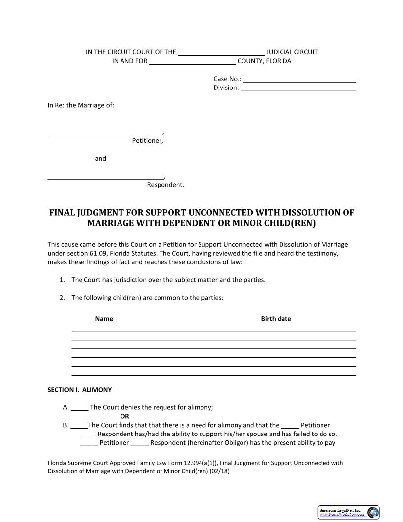 Final Judgment Support Unconnected With Dissolution Dependent Or Minor Children {12.994(a)(1)} | Pdf Fpdf Docx | Florida