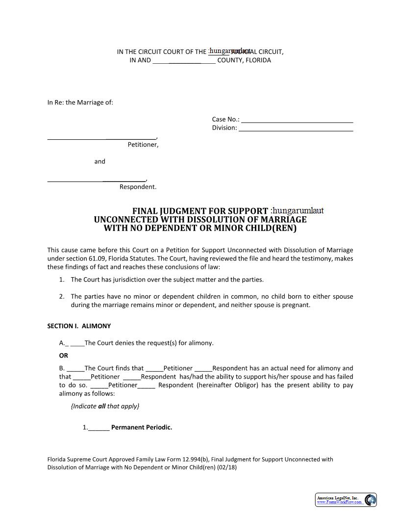 Final Judgment Support Unconnected With Dissolution No Dependent Minor Children {12.994(b)} | Pdf Fpdf Docx | Florida