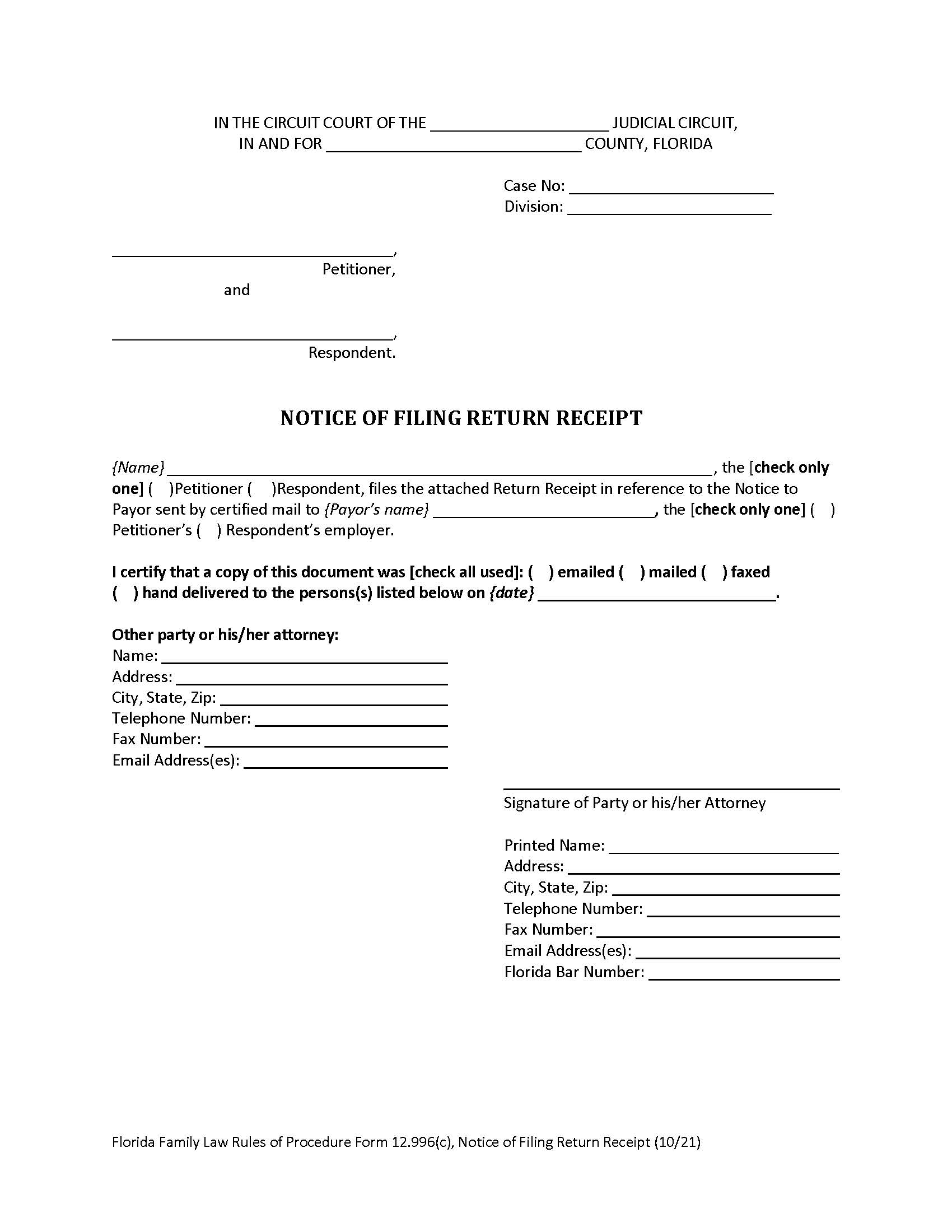 Notice Of Filing Return Receipt {12.996(c)} | Pdf Fpdf Doc Docx | Florida
