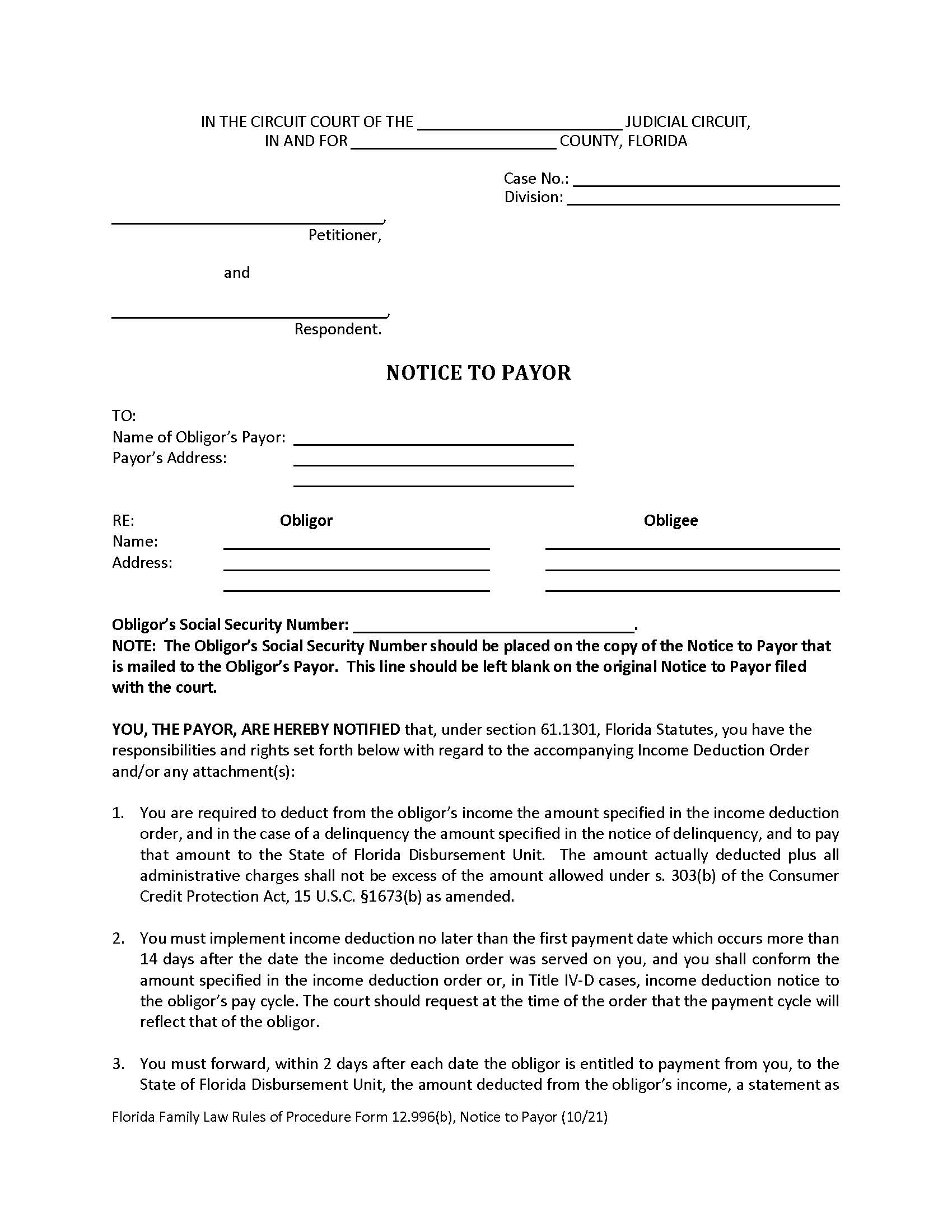 Notice To Payor {12.996(b)} | Pdf Fpdf Doc Docx | Florida