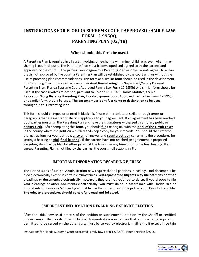 Parenting Plan {12.995(a)} | Pdf Fpdf Docx | Florida