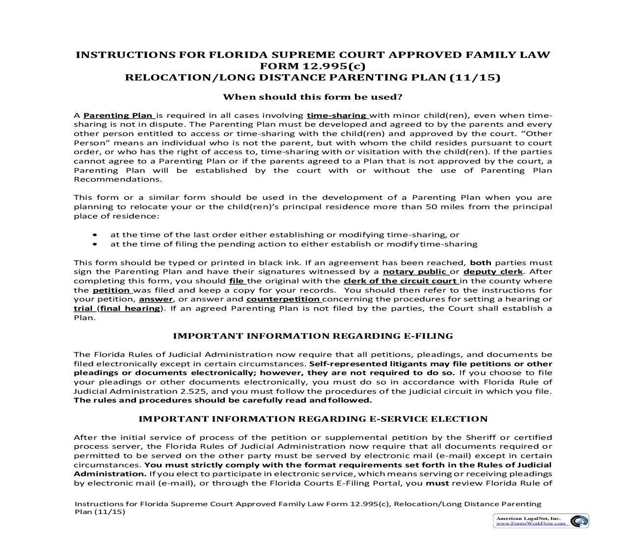 Relocation Long-Distance Parenting Plan {12.995(c)} | Pdf Fpdf Doc Docx | Florida