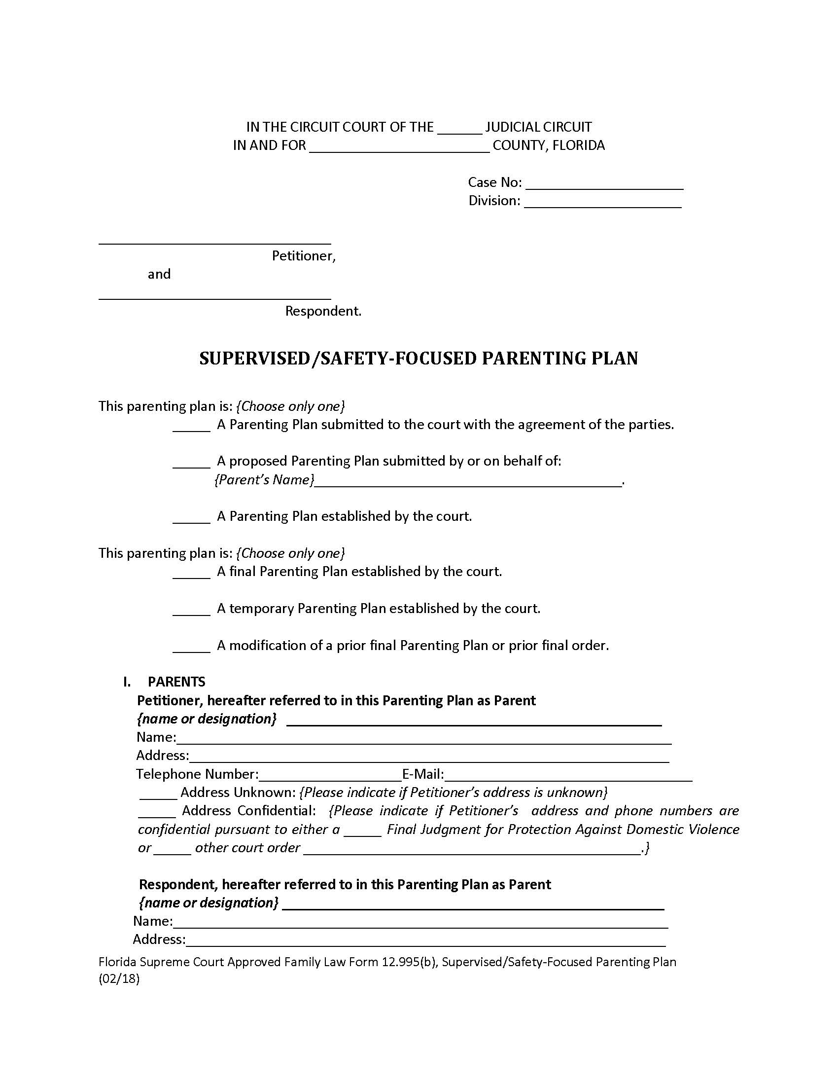 Supervised Or Safety-Focused Parenting Plan {12.995(b)} | Pdf Fpdf Docx | Florida