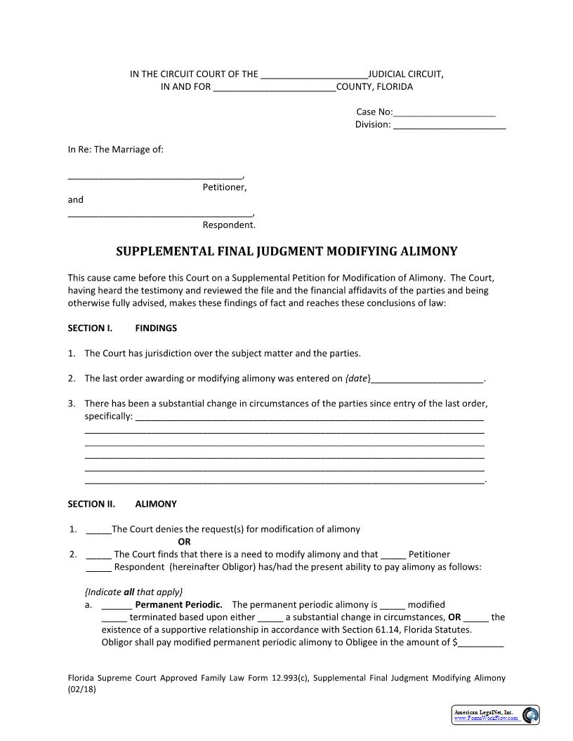 Supplemental Final Judgment Modifying Alimony {12.993(c)} | Pdf Fpdf Docx | Florida