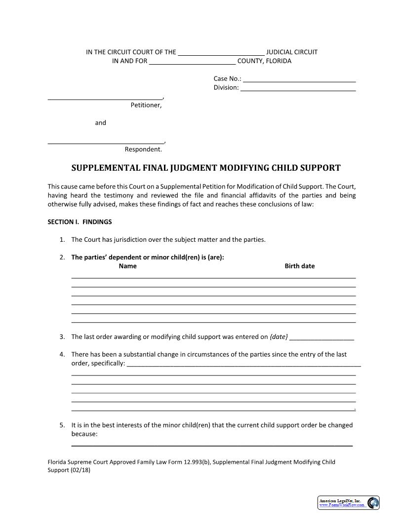 Supplemental Final Judgment Modifying Child Support {12.993(b)} | Pdf Fpdf Docx | Florida
