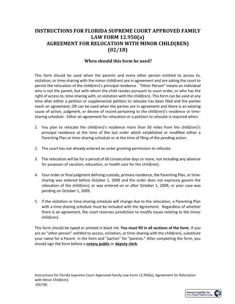 Agreement For Relocation With Minor Child(ren) {12.950(a)} | Pdf Fpdf Docx | Florida