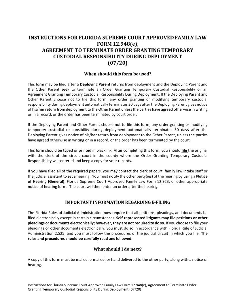 Agreement To Terminate Order Granting Temporary Custodial Responsibility During Deployment {12.948(e)} | Pdf Fpdf Docx | Florida