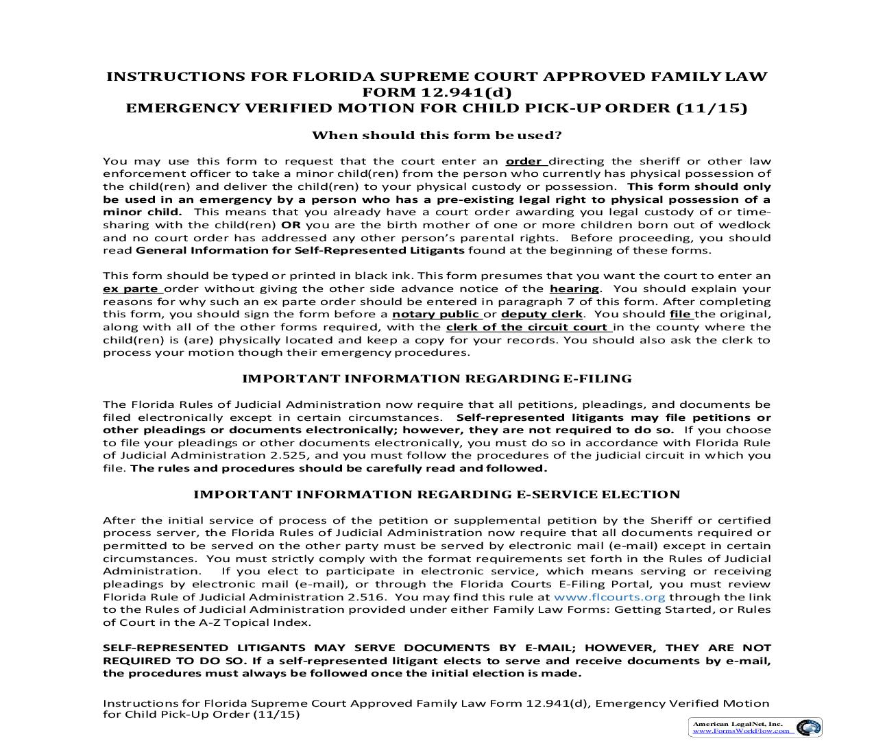 Emergency Verified Motion For Child Pick Up Order w-Instructions {12.941(d)} | Pdf Fpdf Doc Docx | Florida