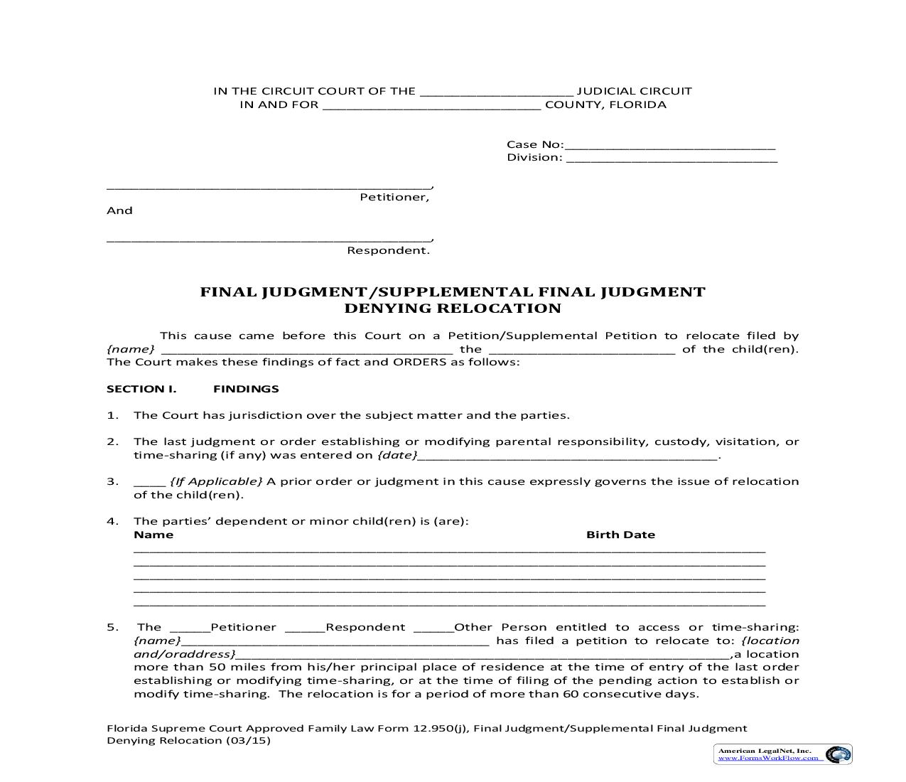 Final Judgment-Supplemental Final Judgment Denying Relocation {12.950(j)} | Pdf Fpdf Doc Docx | Florida