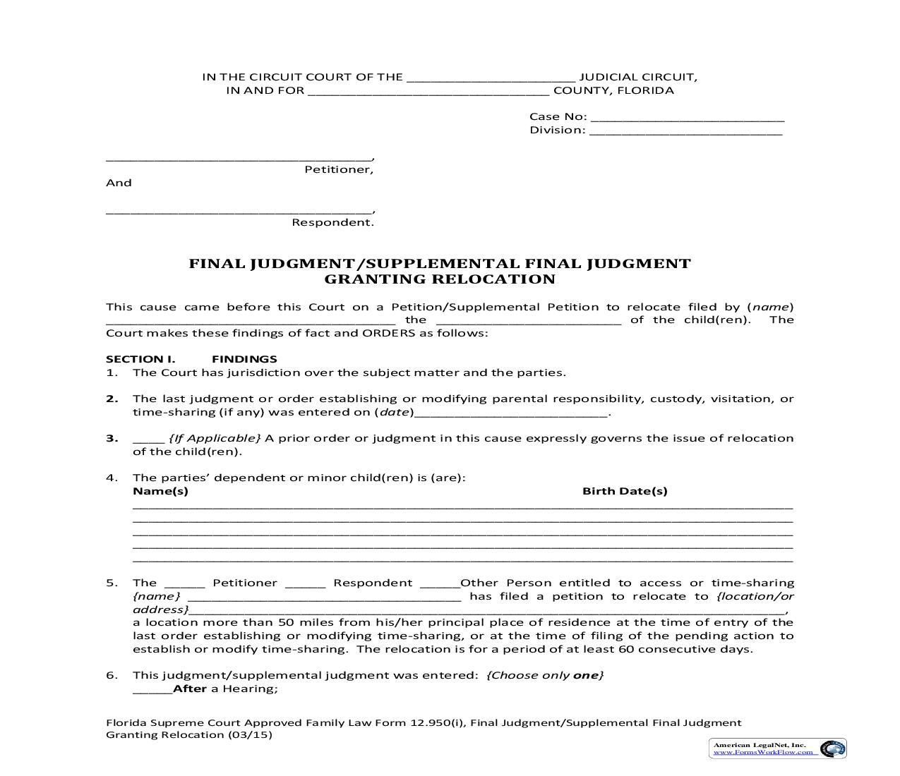Final Judgment-Supplemental Final Judgment Granting Relocation {12.950(i)} | Pdf Fpdf Doc Docx | Florida