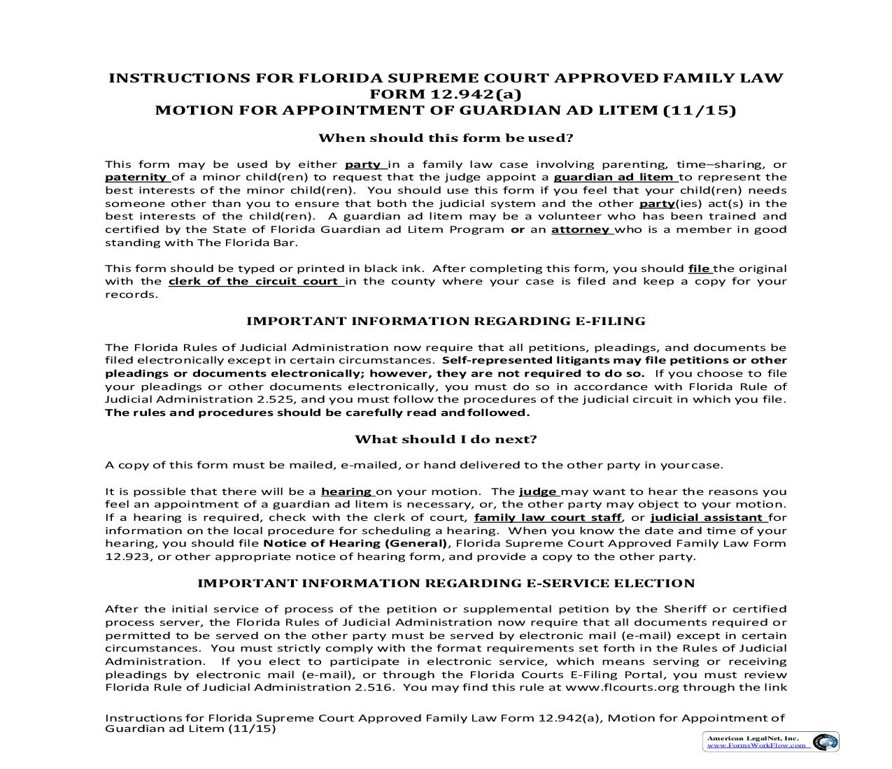 Motion For Appointment Of Guardian Ad Litem w-Instructions {12.942(a)} | Pdf Fpdf Doc Docx | Florida
