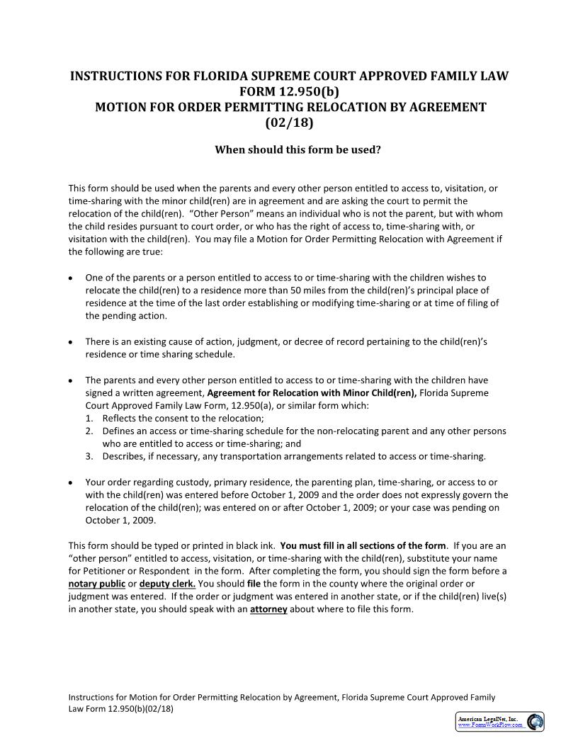 Motion For Order Permitting Relocation With Agreement {12.950(b)} | Pdf Fpdf Docx | Florida