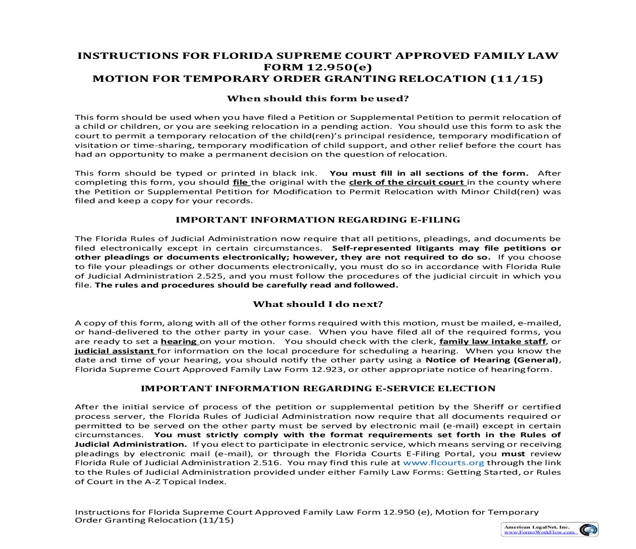 Motion For Temporary Order Granting Relocation {12.950(e)} | Pdf Fpdf Doc Docx | Florida