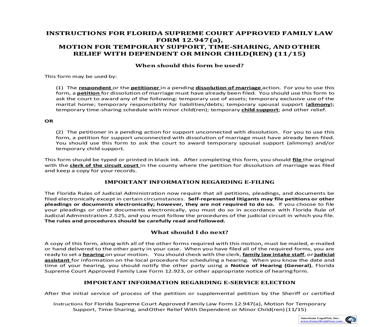 Motion For Temporary Support And Time-Sharing With Dependent Or Minor Child(ren) w-Instructions {12.947(a)} | Pdf Fpdf Doc Docx | Florida