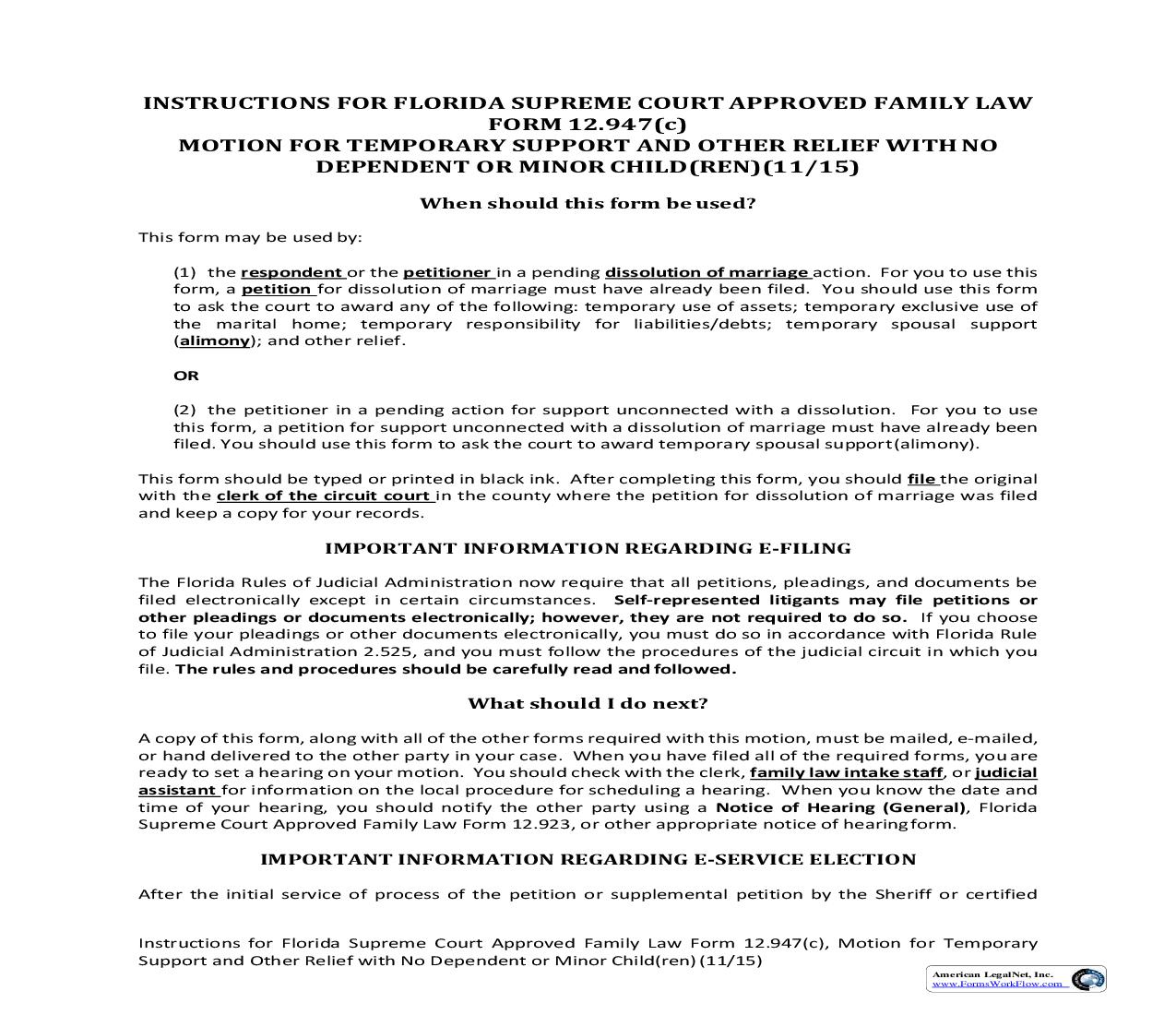 Motion For Temporary Support With No Dependent Or Minor Children w-Instructions {12.947(c)} | Pdf Fpdf Doc Docx | Florida