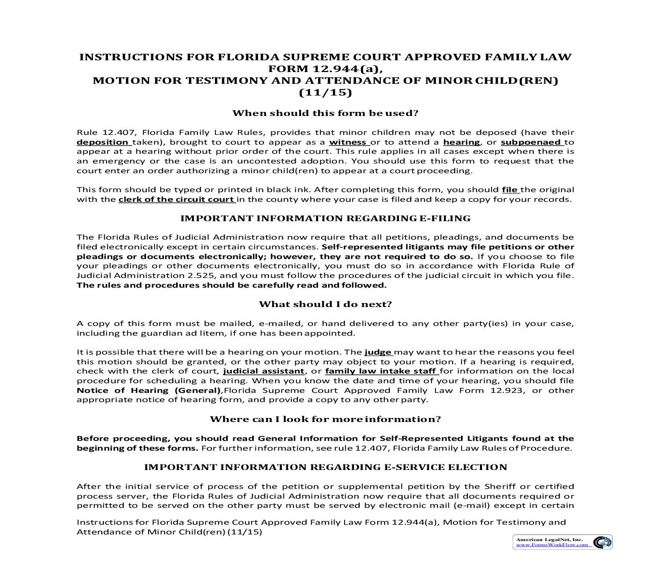 Motion For Testimony And Attendance Of Minor Children w-Instructions {12.944(a)} | Pdf Fpdf Doc Docx | Florida