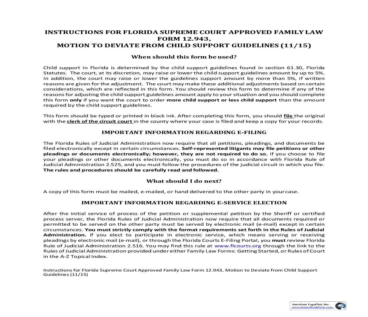 Motion To Deviate From Child Support Guidelines w-Instructions {12.943} | Pdf Fpdf Doc Docx | Florida