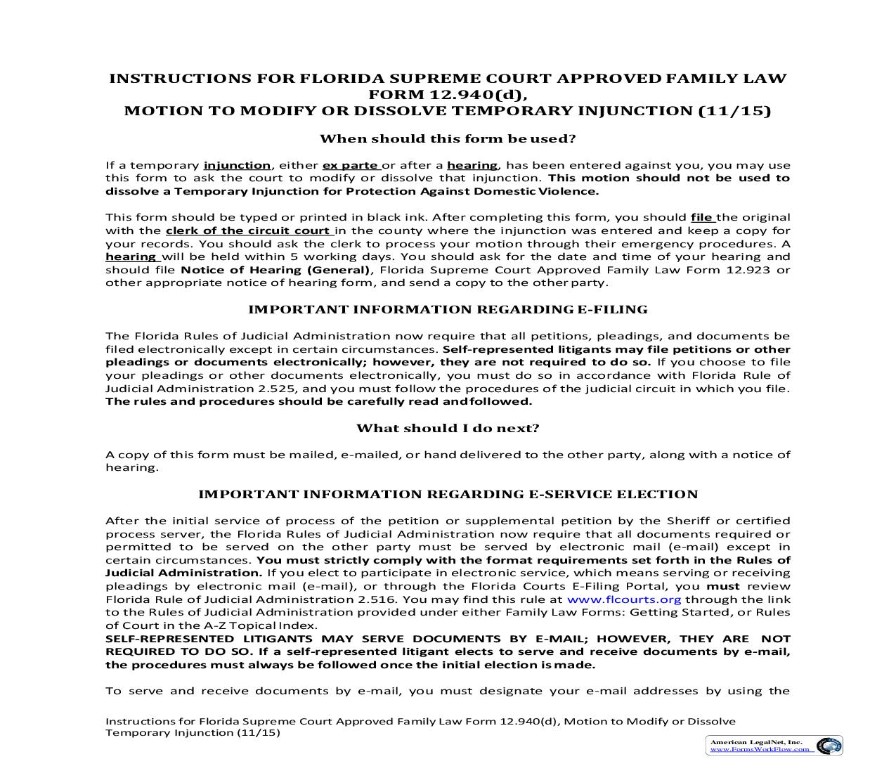 Motion To Modify Or Dissolve Temporary Injunction w-Instructions {12.940(d)} | Pdf Fpdf Doc Docx | Florida