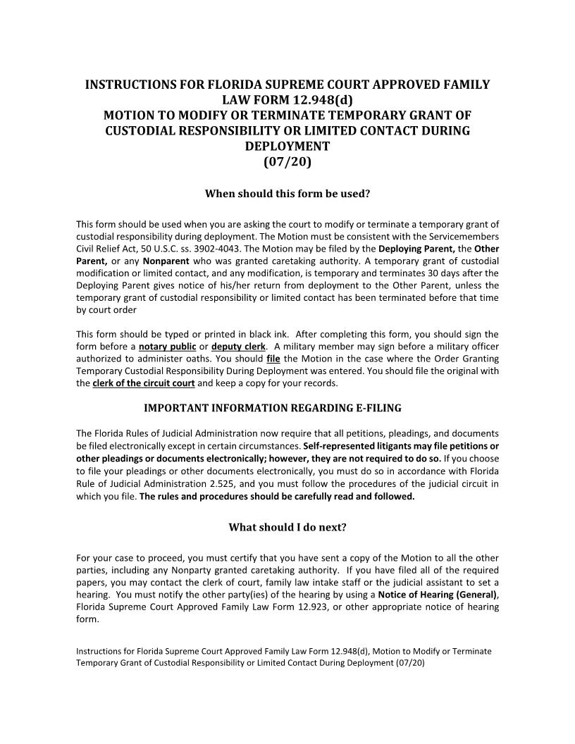 Motion To Modify-Terminate Temporary Grant Custodial Responsibility During Deployment {12.948(d)} | Pdf Fpdf Docx | Florida