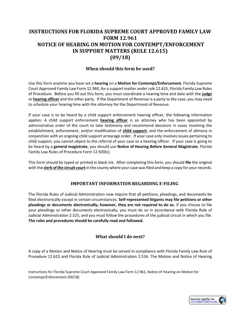 Notice Of Hearing Motion For Contempt Enforcement Support Matters {12.961} | Pdf Fpdf Docx | Florida
