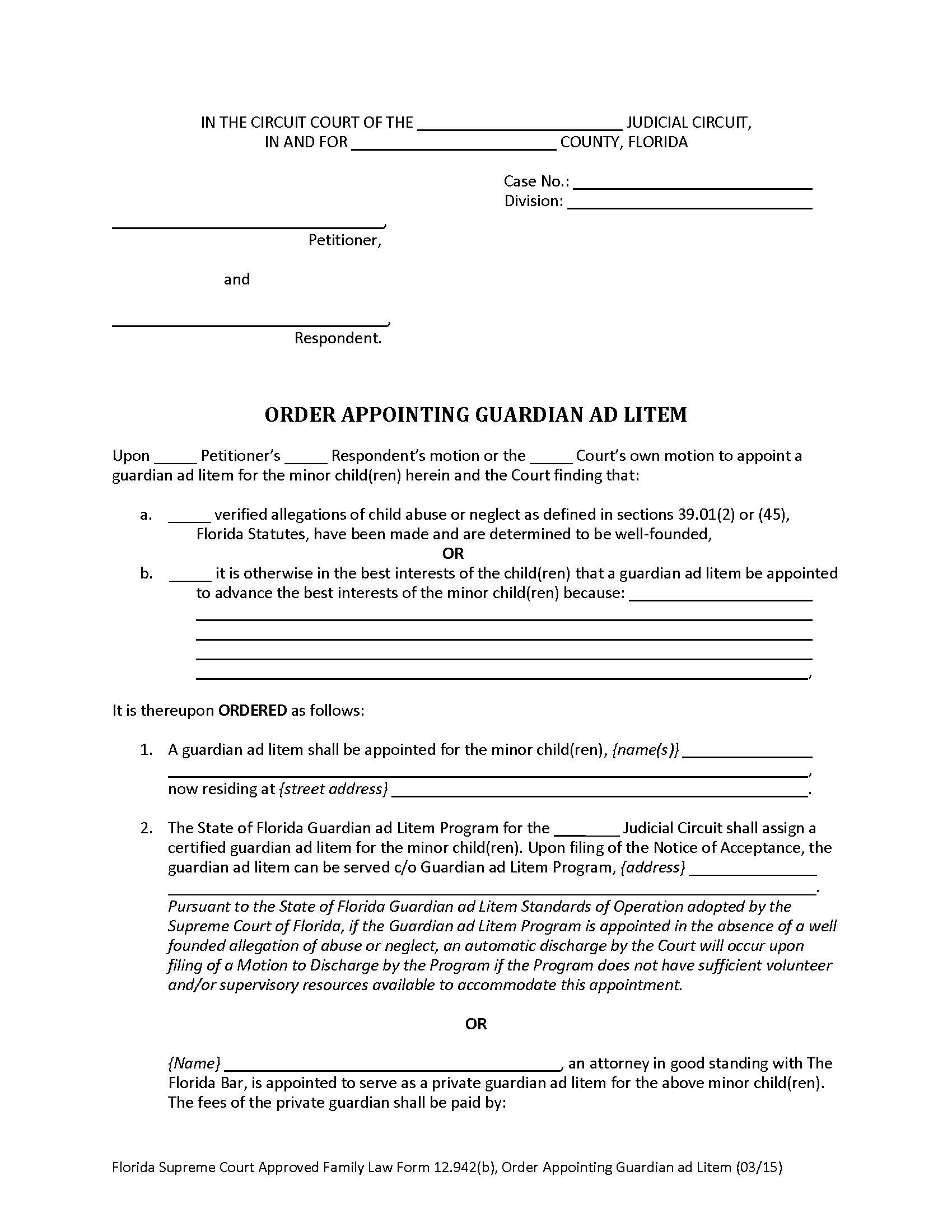 Order Appointing Guardian Ad Litem {12.942(b)} | Pdf Fpdf Doc Docx | Florida