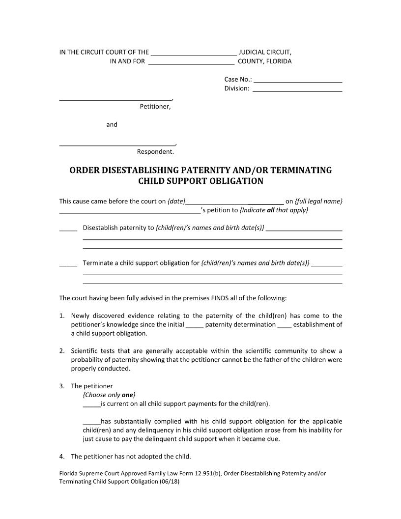 Order Disestablishing Paternity And-Or Terminating Child Support Obligation {12.951(b)} | Pdf Fpdf Doc Docx | Florida