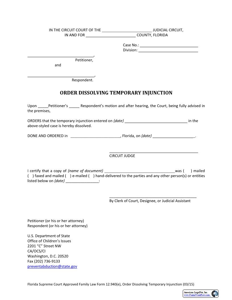 Order Dissolving Temporary Injunction {12.940(e)} | Pdf Fpdf Docx | Florida