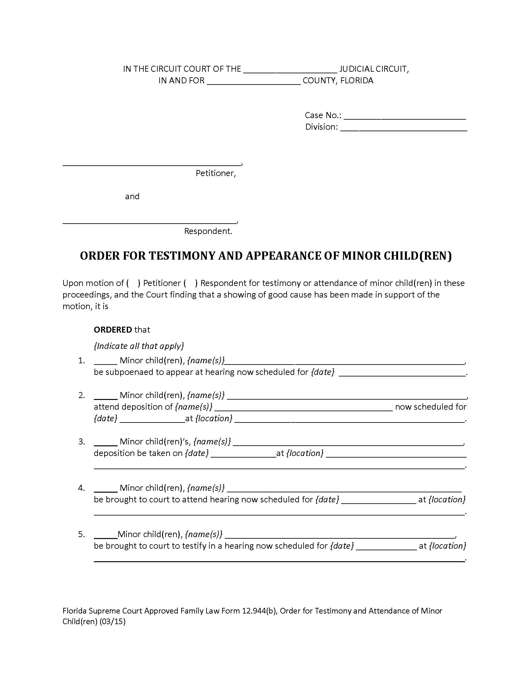 Order For Testimony And Attendance Of Minor Child(ren) {12.944(b)} | Pdf Fpdf Doc Docx | Florida