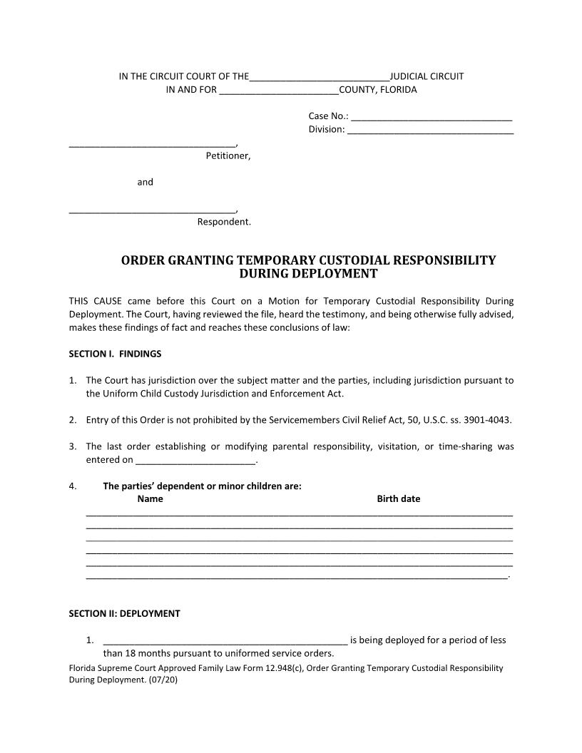 Order Granting Temporary Custodial Responsibility During Deployment {12.948(c)} | Pdf Fpdf Docx | Florida