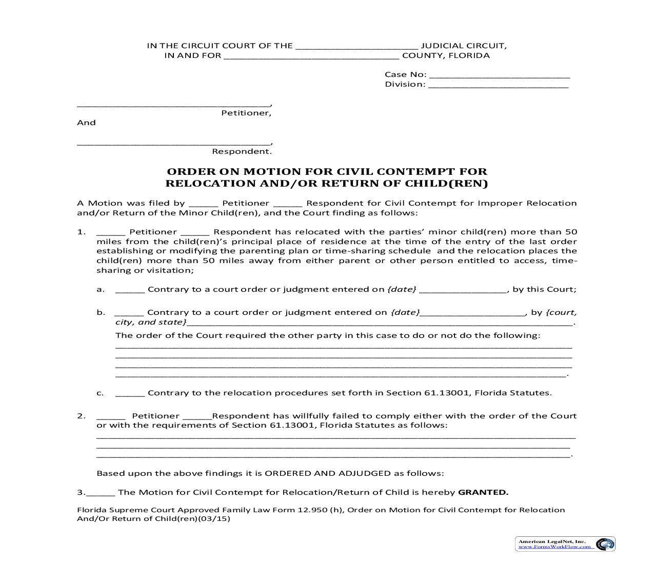 Order On Motion For Civil Contempt For Relocation And-Or Return Of Child(ren) {12.950(h} | Pdf Fpdf Doc Docx | Florida