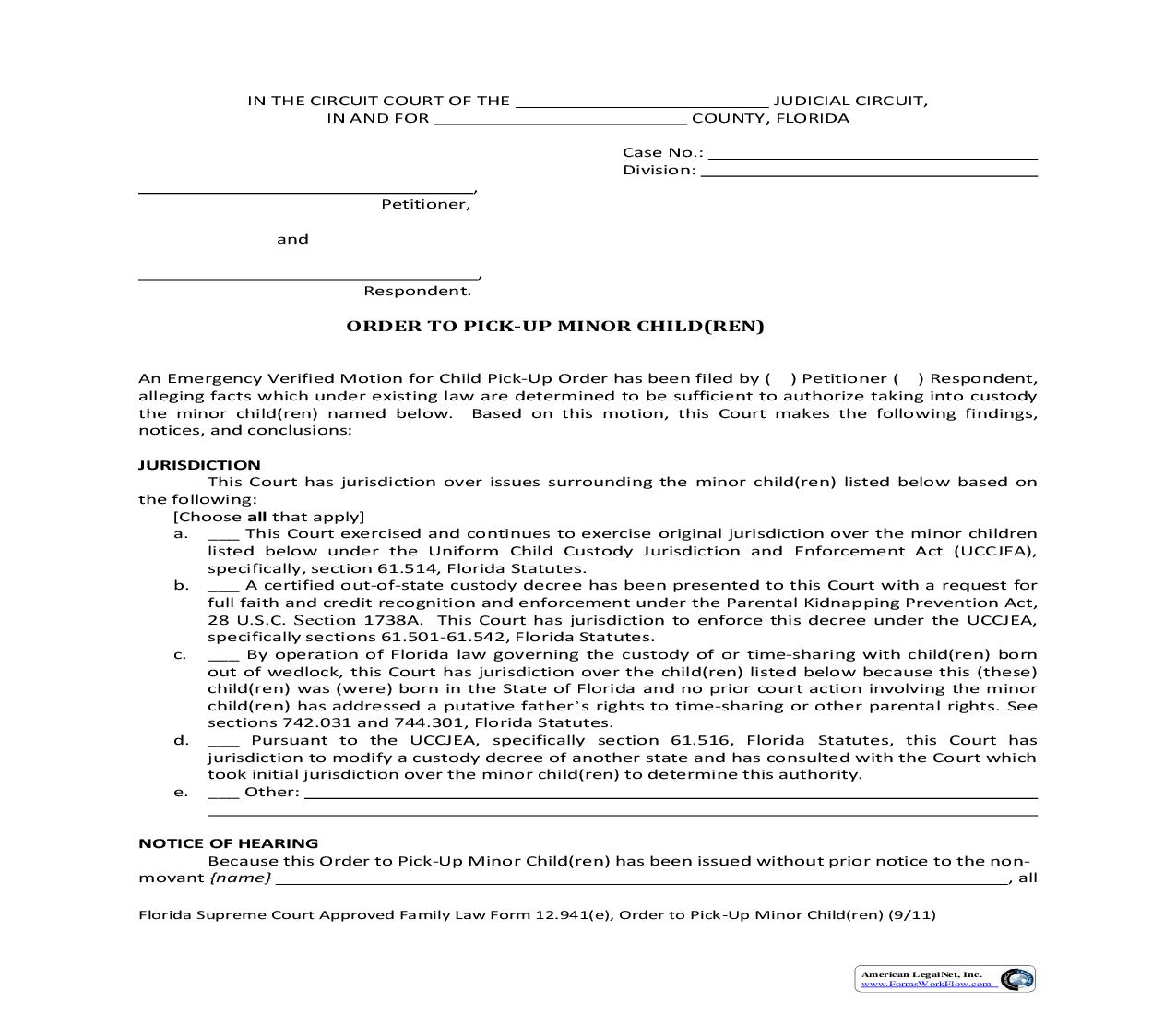 Order To Pick Up Minor Child(ren) {12.941(e)} | Pdf Fpdf Doc Docx | Florida